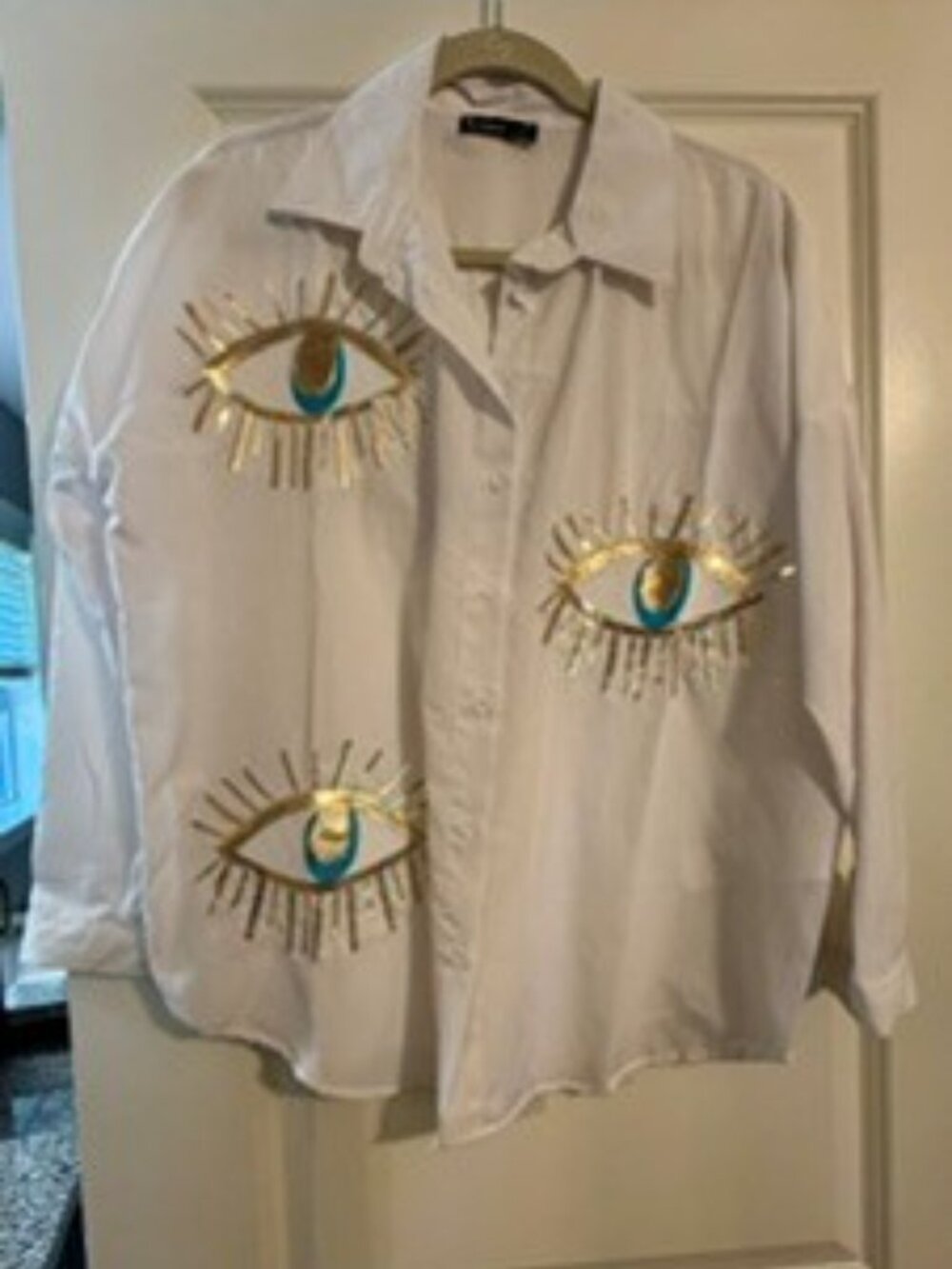 NWOT - Evil eye white button-down boyfriend shirt